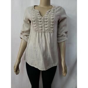 Carla Conti Linen Women's Boho Top blouse  Gray shades of beige Size Small #C